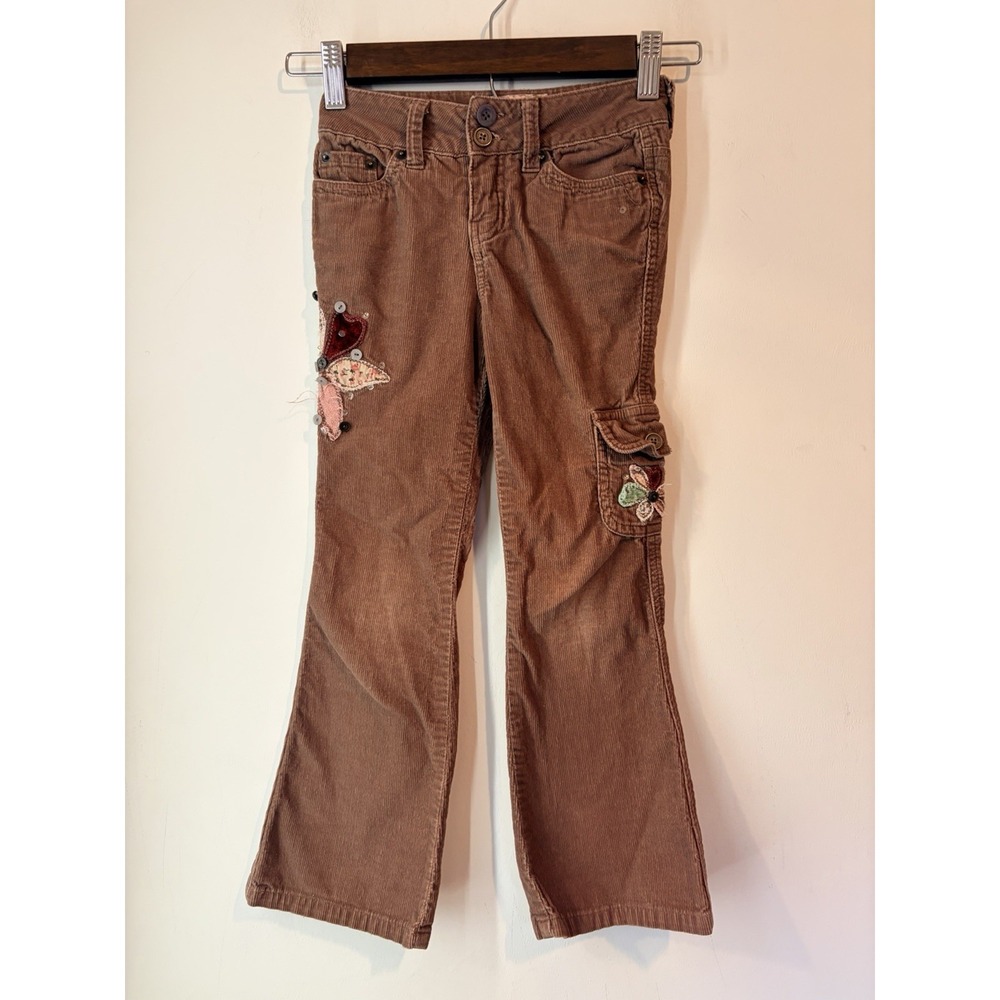 Vintage Y2K Limited Too Brown Corduroy Jeans Girls 6 Slim Flare Floral Patchwork